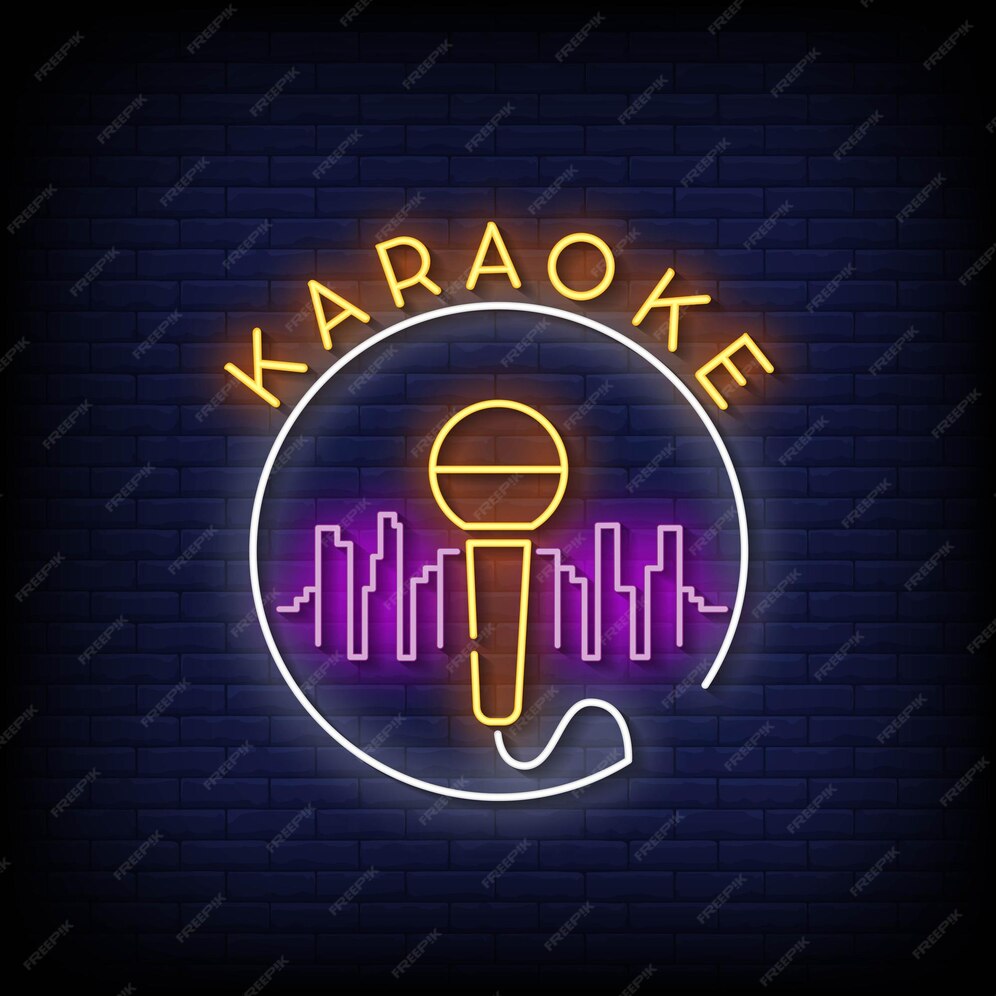 Sign that says karaoke around a mic with a city silhouette